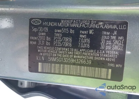 2009 Hyundai Santa Fe Gls z USA, uszkodzony, nr VIN 5NMSG13D59H326639